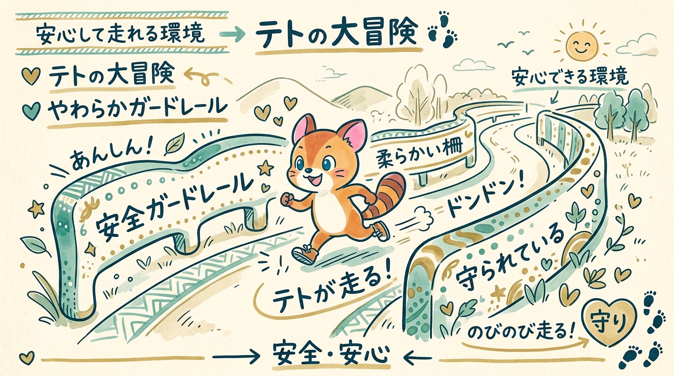 走っているテトの両側に柔らかい柵（ガードレール）が立っており、安心して走れる構図のイラスト