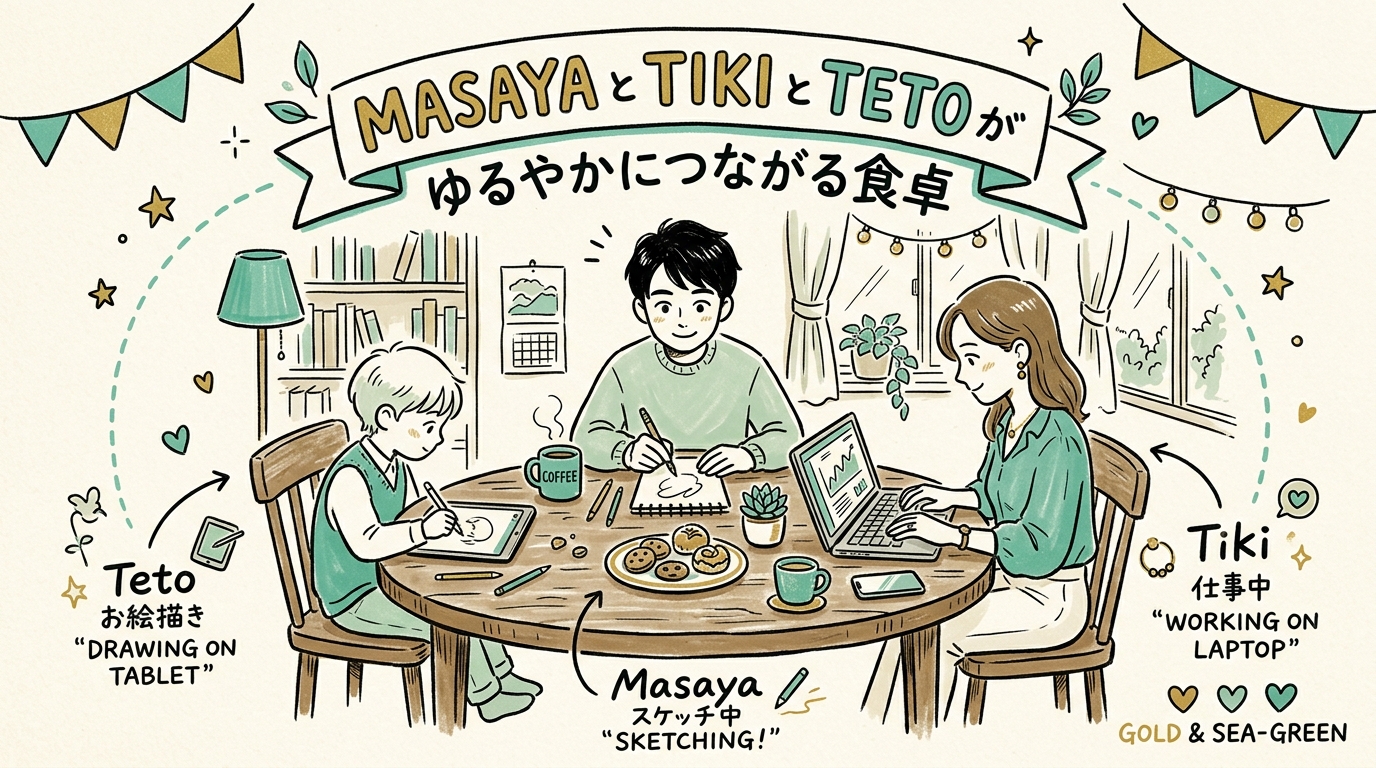MasayaとTikiとテトが同じ食卓を囲み、それぞれ違う作業をしながらゆるやかにつながっているイラスト