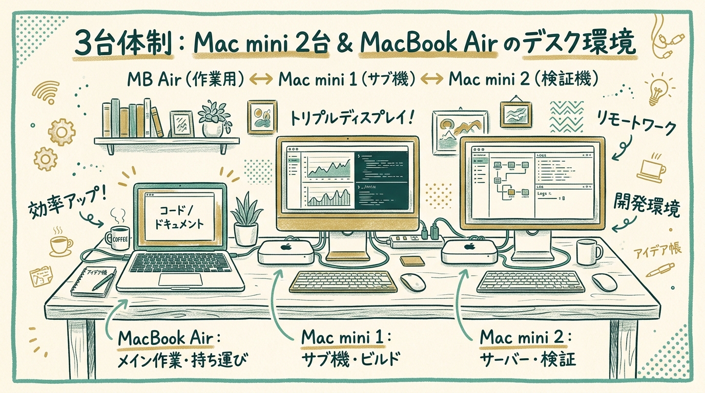 机の上に並ぶMac mini 2台とMacBook Airの3台体制のイメージ