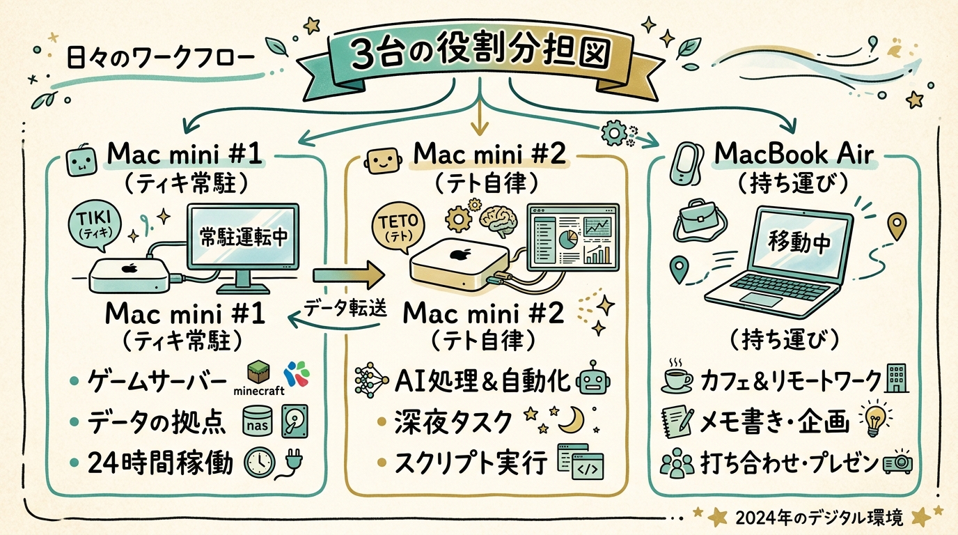 Mac mini #1（ティキ常駐）・Mac mini #2（テト自律）・MacBook Air（持ち運び）の3台の役割分担図