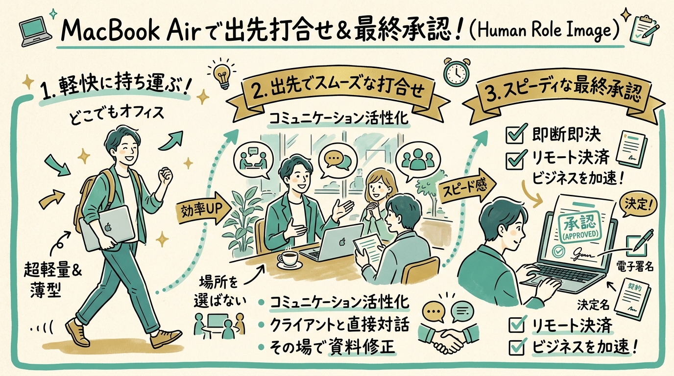 MacBook Airを持ち運び、出先で打合せや最終承認をする人間側の役割イメージ