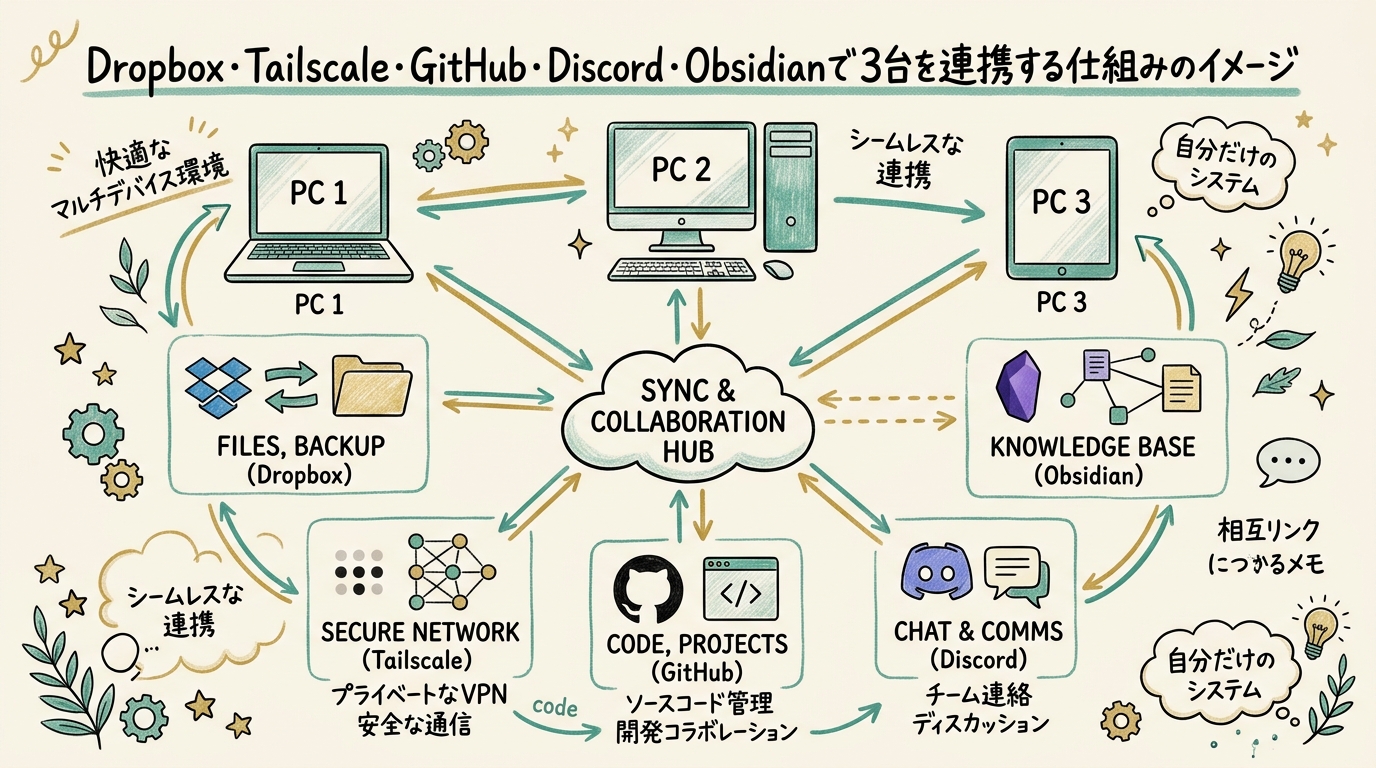 Dropbox・Tailscale・GitHub・Discord・Obsidianで3台を連携する仕組みのイメージ