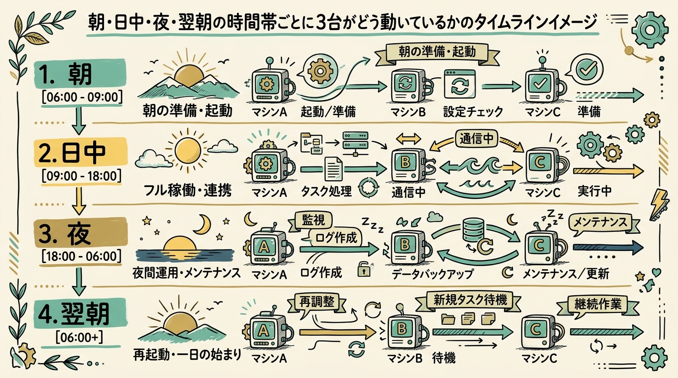 朝・日中・夜・翌朝の時間帯ごとに3台がどう動いているかのタイムラインイメージ