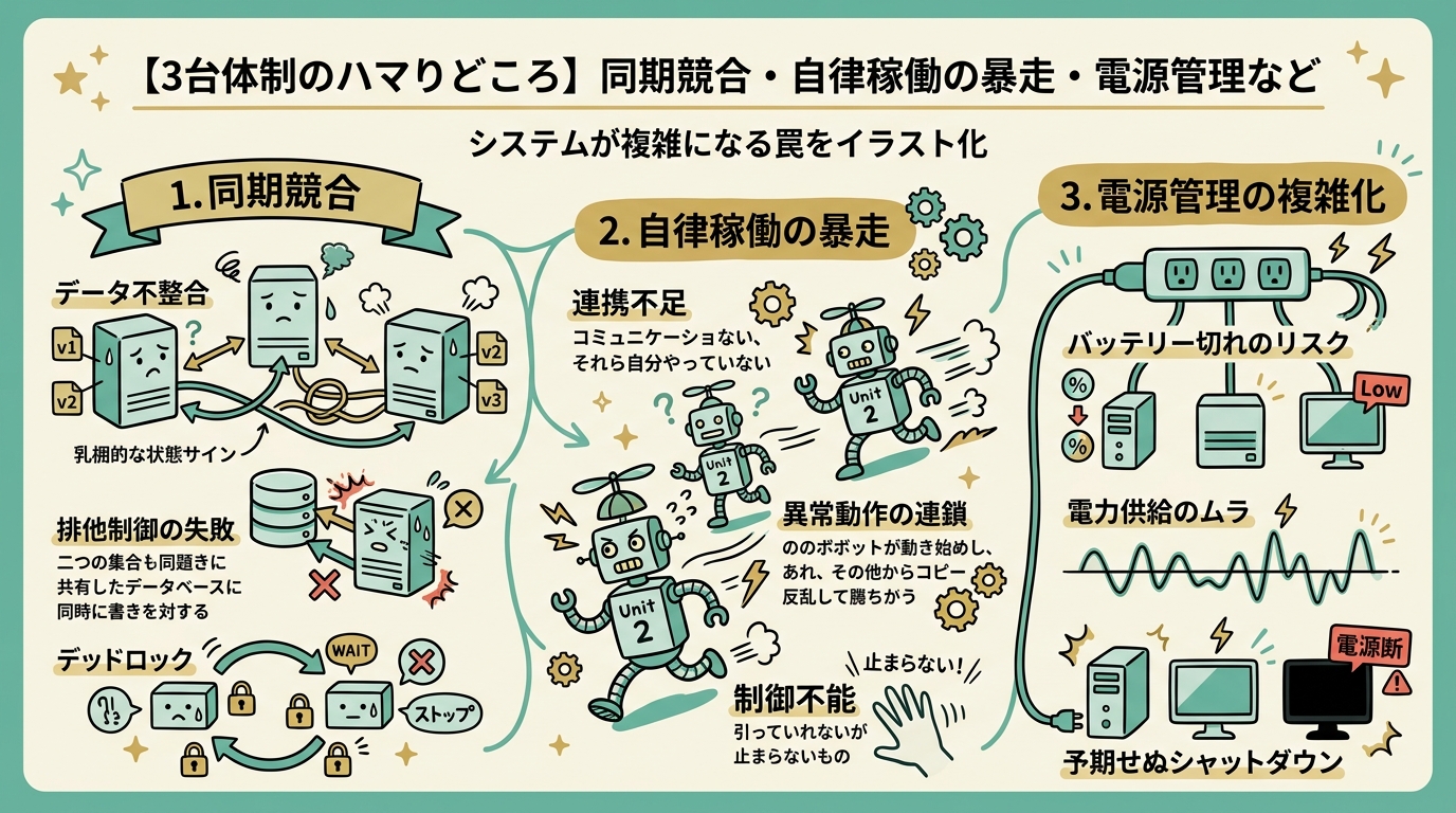 同期競合・自律稼働の暴走・電源管理など3台体制のハマりどころイメージ
