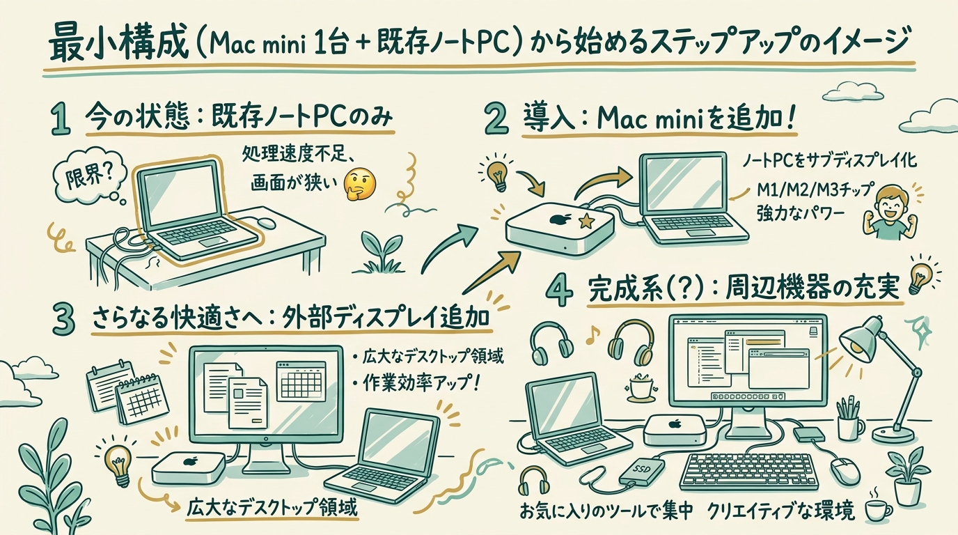 最小構成（Mac mini 1台 + 既存ノートPC）から始めるステップアップのイメージ