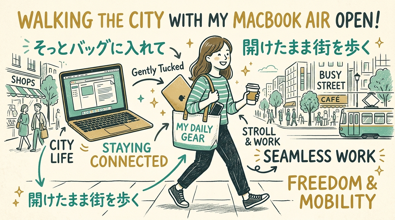 MacBook Airを開けたまま、そっとバッグに入れて街を歩く人のイラスト