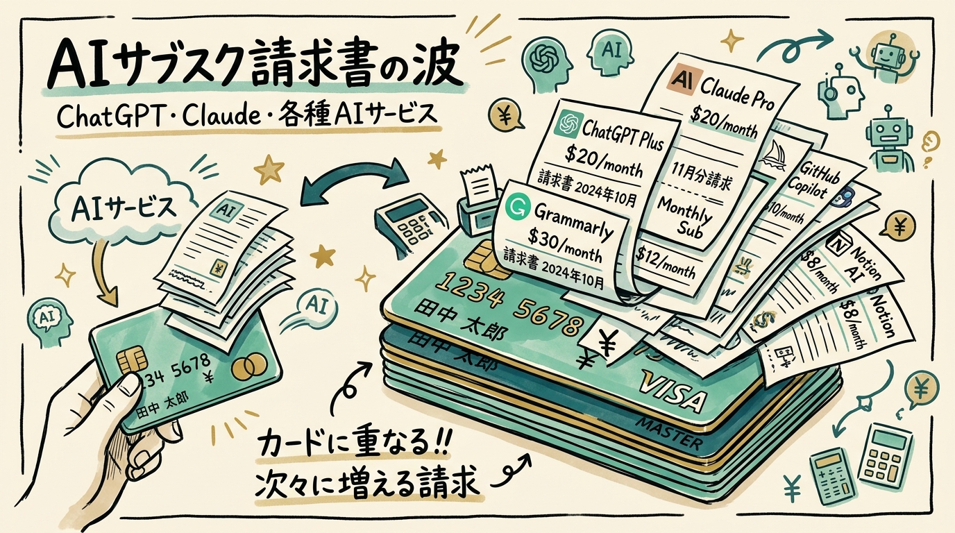 ChatGPT・Claude・各種AIサービスのサブスク請求書がカードに重なっていくイラスト