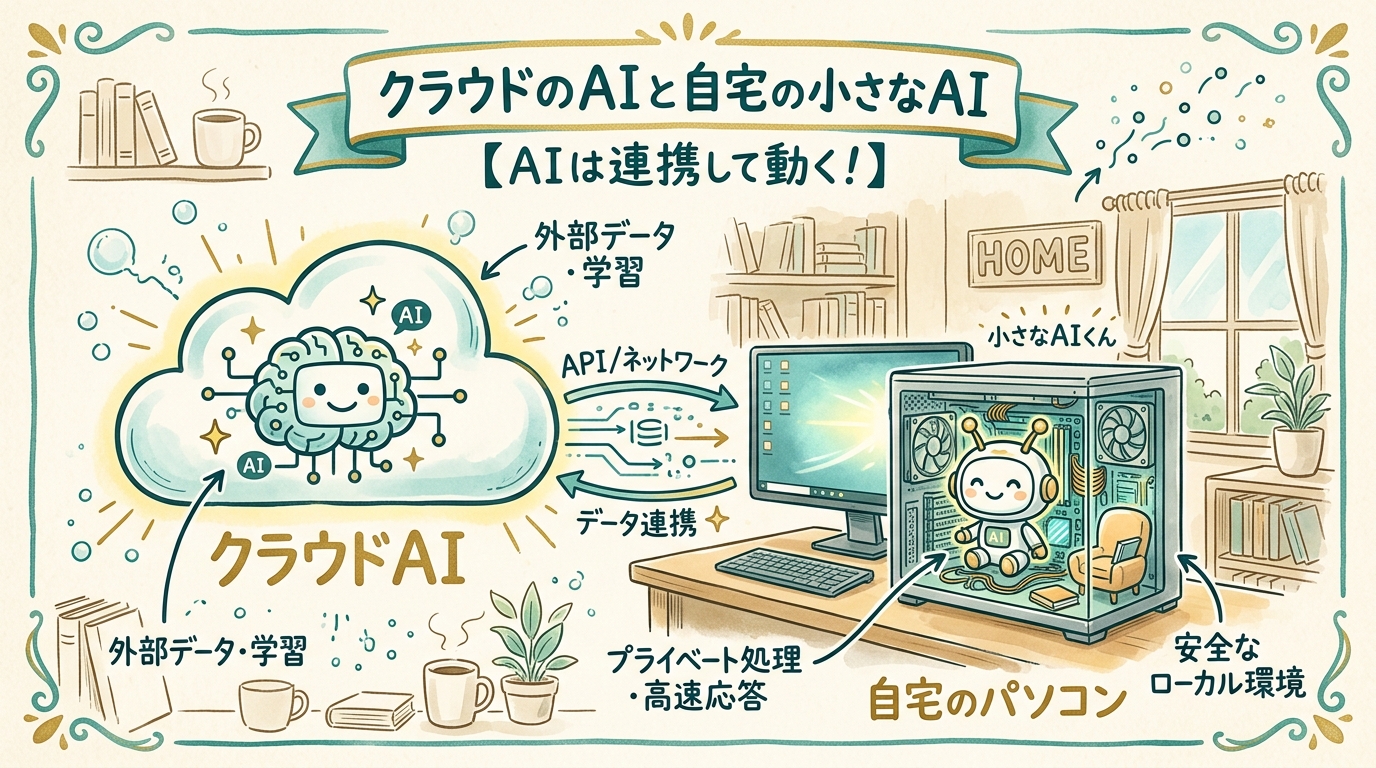クラウドのAIアイコンの隣に、自宅のパソコンの中にもAIが小さく住んでいるイラスト