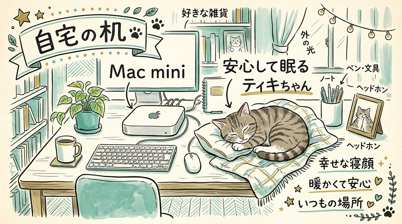 自宅の机の上に置かれた小さなMac miniと、そのまわりで安心して眠るティキちゃんのイラスト