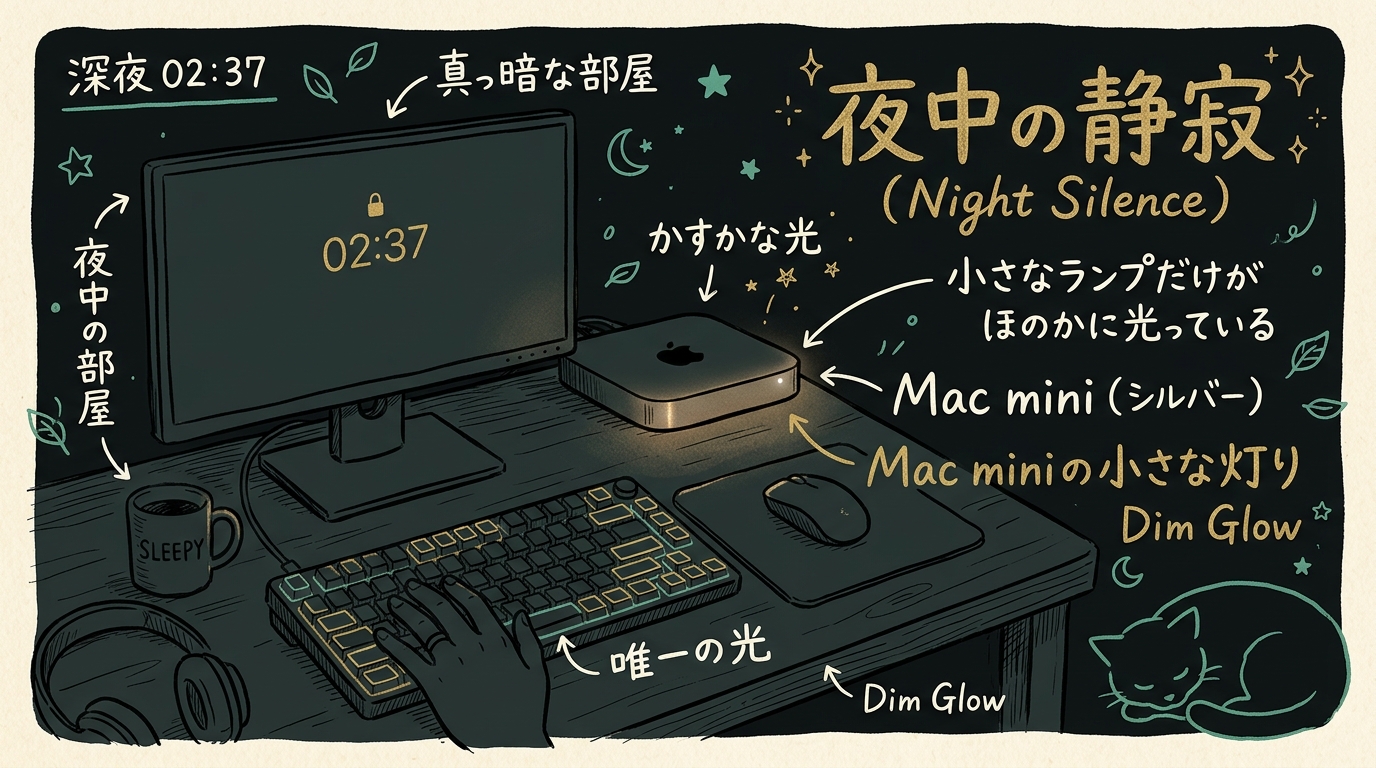 夜中の真っ暗な部屋で、Mac miniの小さなランプだけがほのかに光っているイラスト