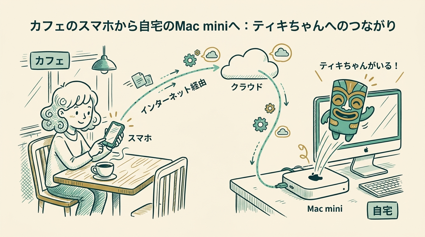 カフェのスマホから、自宅のMac miniに住むティキちゃんへ細い線でつながっているイラスト