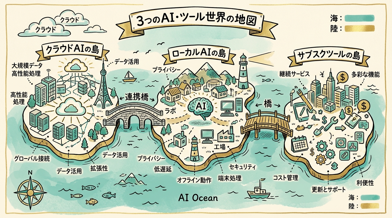 クラウドAI・ローカルAI・サブスクツールの3つの島を、橋でゆるくつないだ地図風イラスト