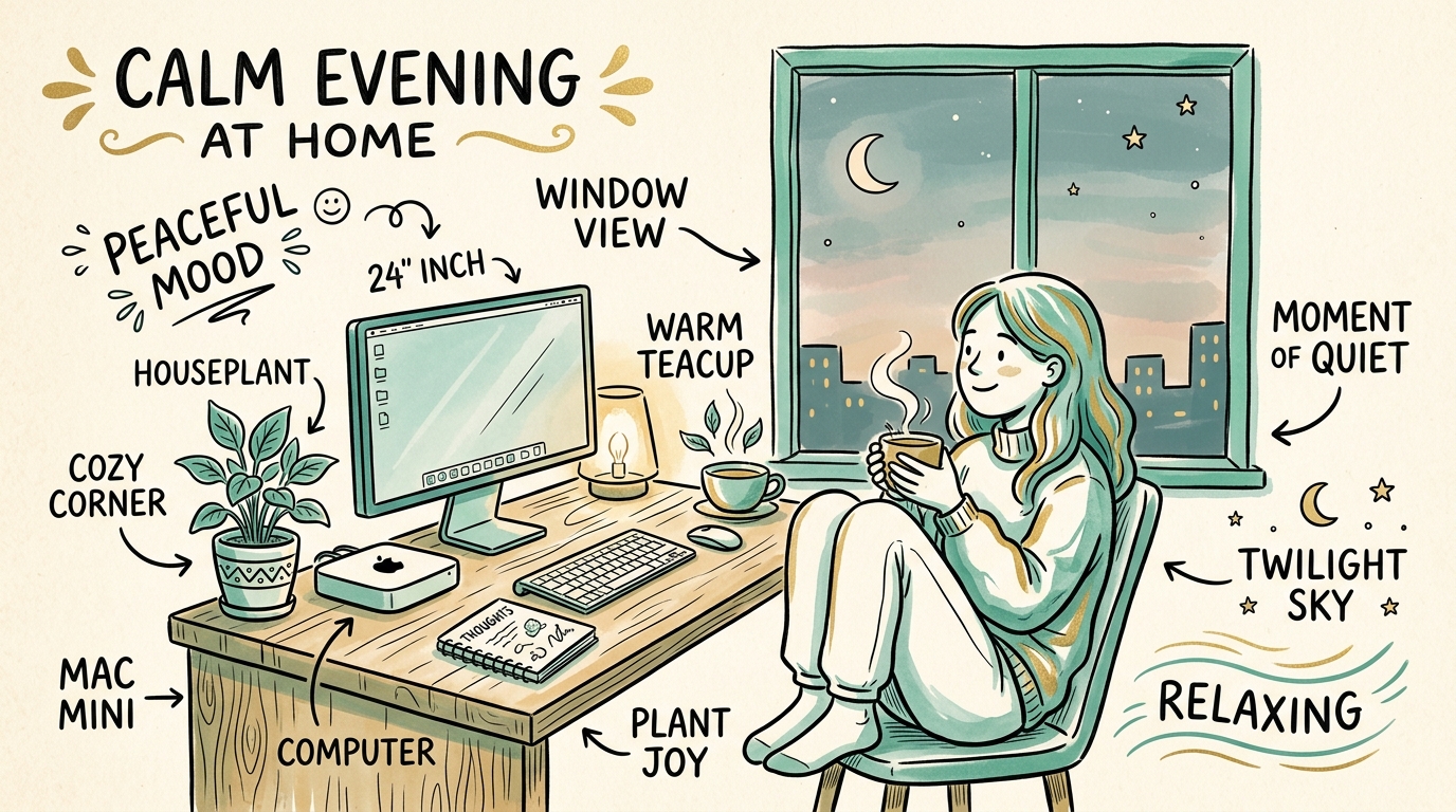 夜の窓辺で、机の上のMac miniと観葉植物を眺めながらお茶を飲んでいるイラスト