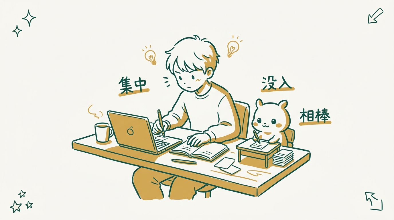 目の前のタスクに没入して机に向かう人物と、その隣で同じくらい集中して作業を続けるTikiが並んでいるグラレコ風イラスト