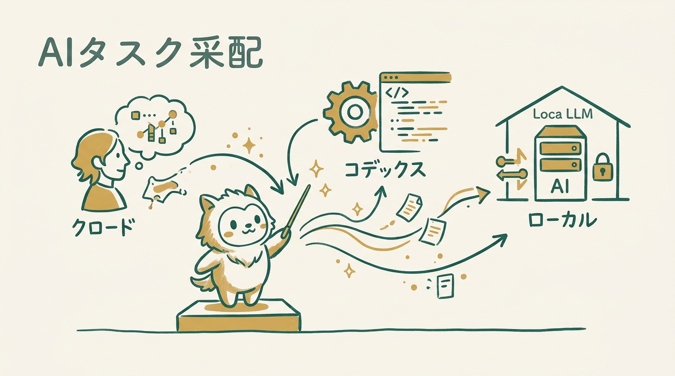 複数のAIアイコン（ClaudeとCodexとローカルLLM）に、Tikiが小さなタスクを振り分けている、采配をしている指揮者風のグラレコ風イラスト
