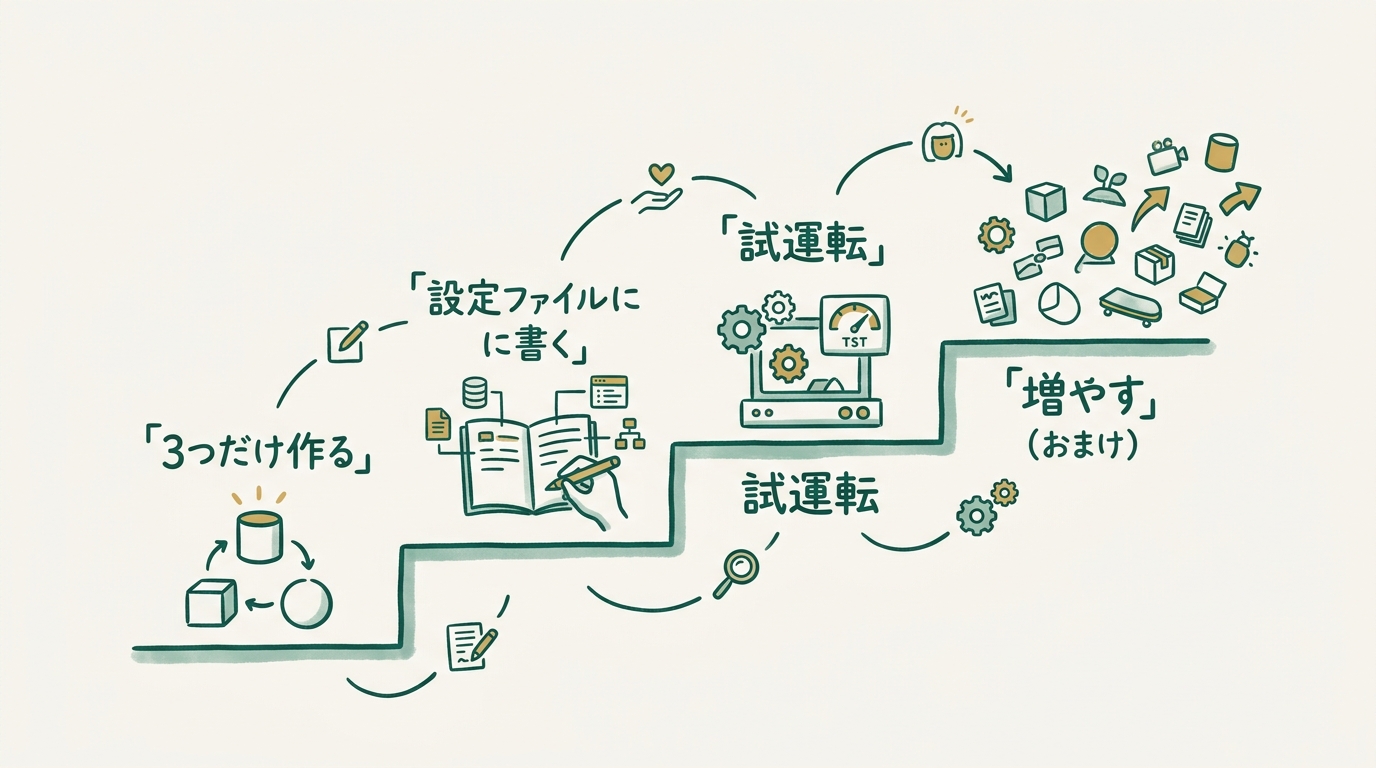 3つのステップが階段状に描かれていて、1段目「3つだけ作る」、2段目「設定ファイルに書く」、3段目「試運転」、4段目（おまけ）「増やす」と書かれているグラレコ風イラスト