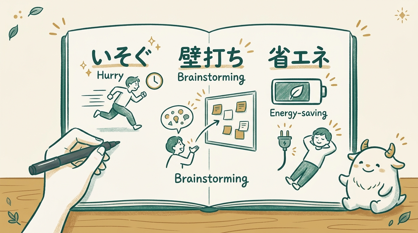ノートに「いそぐ」「壁打ち」「省エネ」の3つを書き出しているシーンのグラレコ風イラスト。机の隣にはTikiが座っている