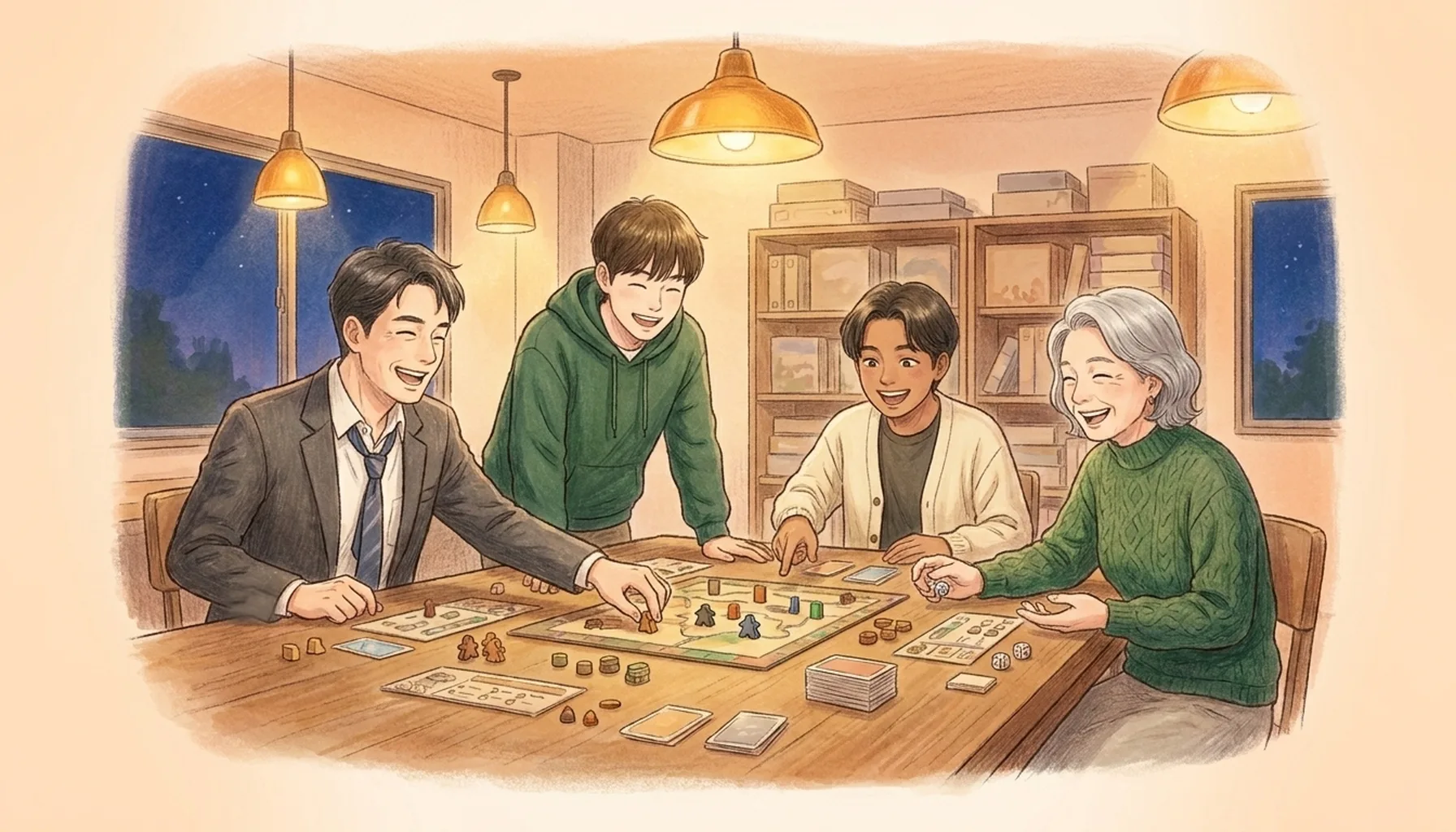 立場の違う人たちが同じテーブルでボードゲームを囲んでいるイラスト